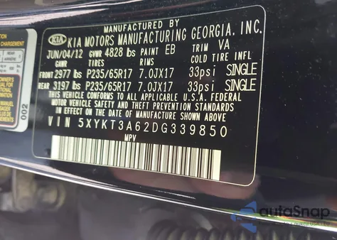 2013 Kia Sorento Lx z USA, uszkodzony, nr VIN 5XYKT3A62DG339850